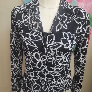 Women's Black Button-Down Blouse with White Floral Outline